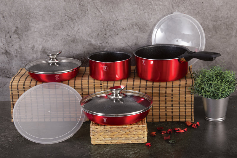 9-Pieces Cookware Set w/ Detached Ergonomic Handle - Burgundy