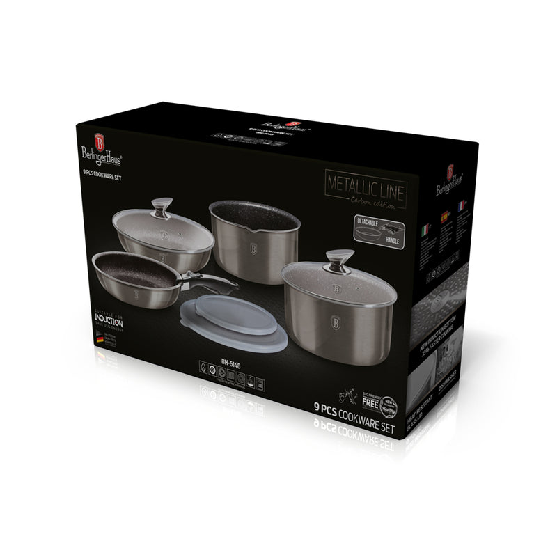9-Pieces Cookware Set w/ Detached Ergonomic Handle - Carbon