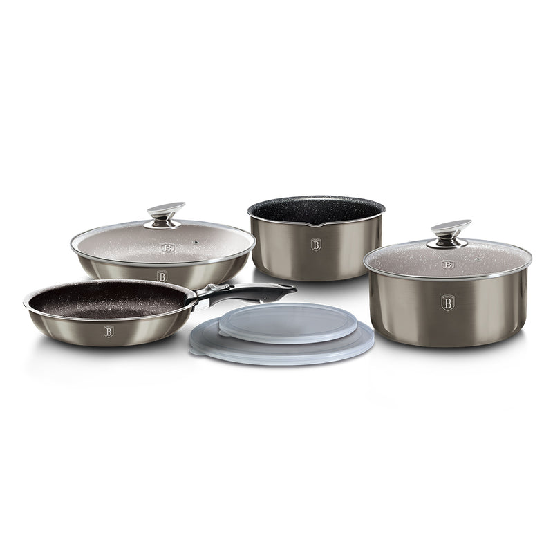 9-Pieces Cookware Set w/ Detached Ergonomic Handle - Carbon